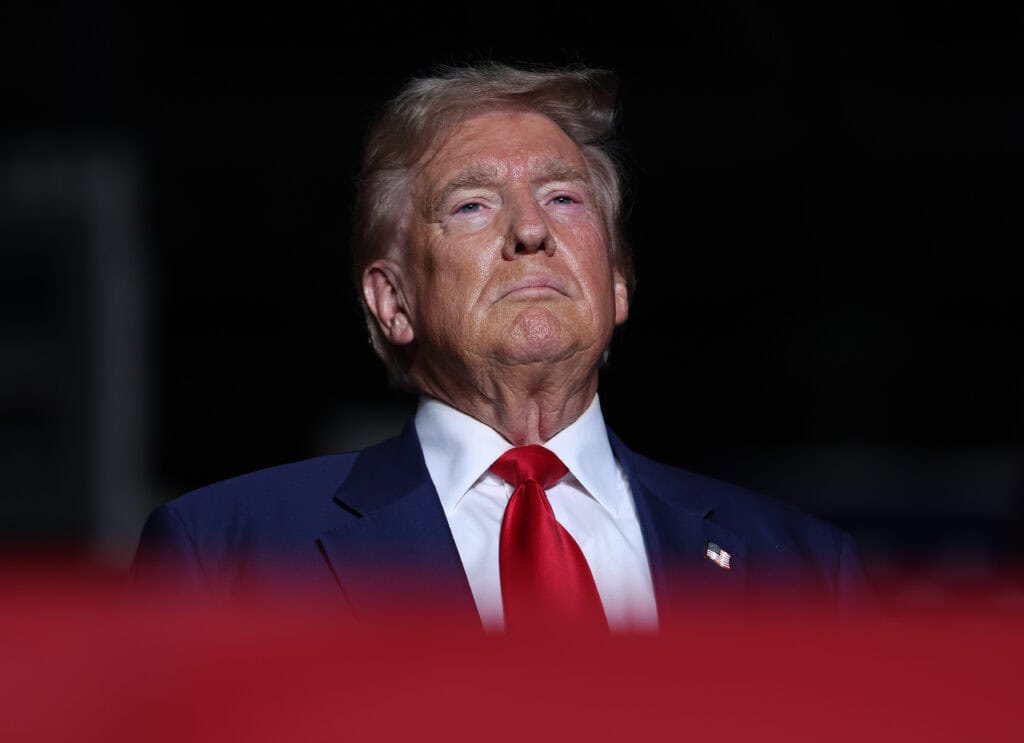 LAS VEGAS, NEVADA - SEPTEMBER 13: Republican presidential nominee, former U.S. President Donald Trump, looks one during a campaign rally at The Expo at World Market Center Las Vegas on September 13, 2024 in Las Vegas, Nevada. With 53 days before election day, Former President Trump continues to campaign.